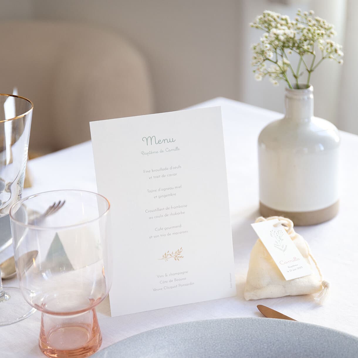 Menu de baptême Liberty feuillage