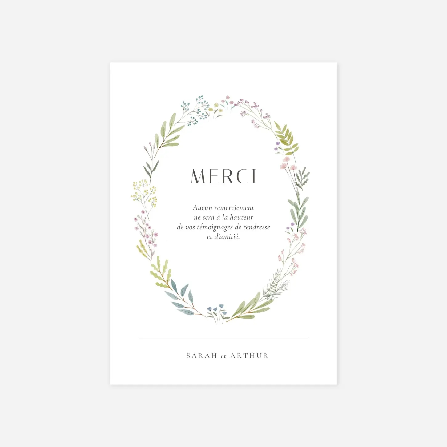 Carte de remerciements Aquarelle végétale en couronne
