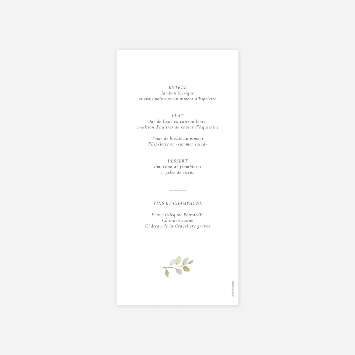 Menu mariage Brins d'eucalyptus