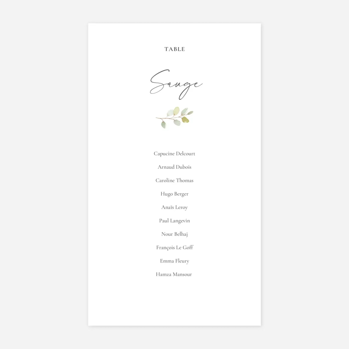 Nom de table mariage Brins d'eucalyptus