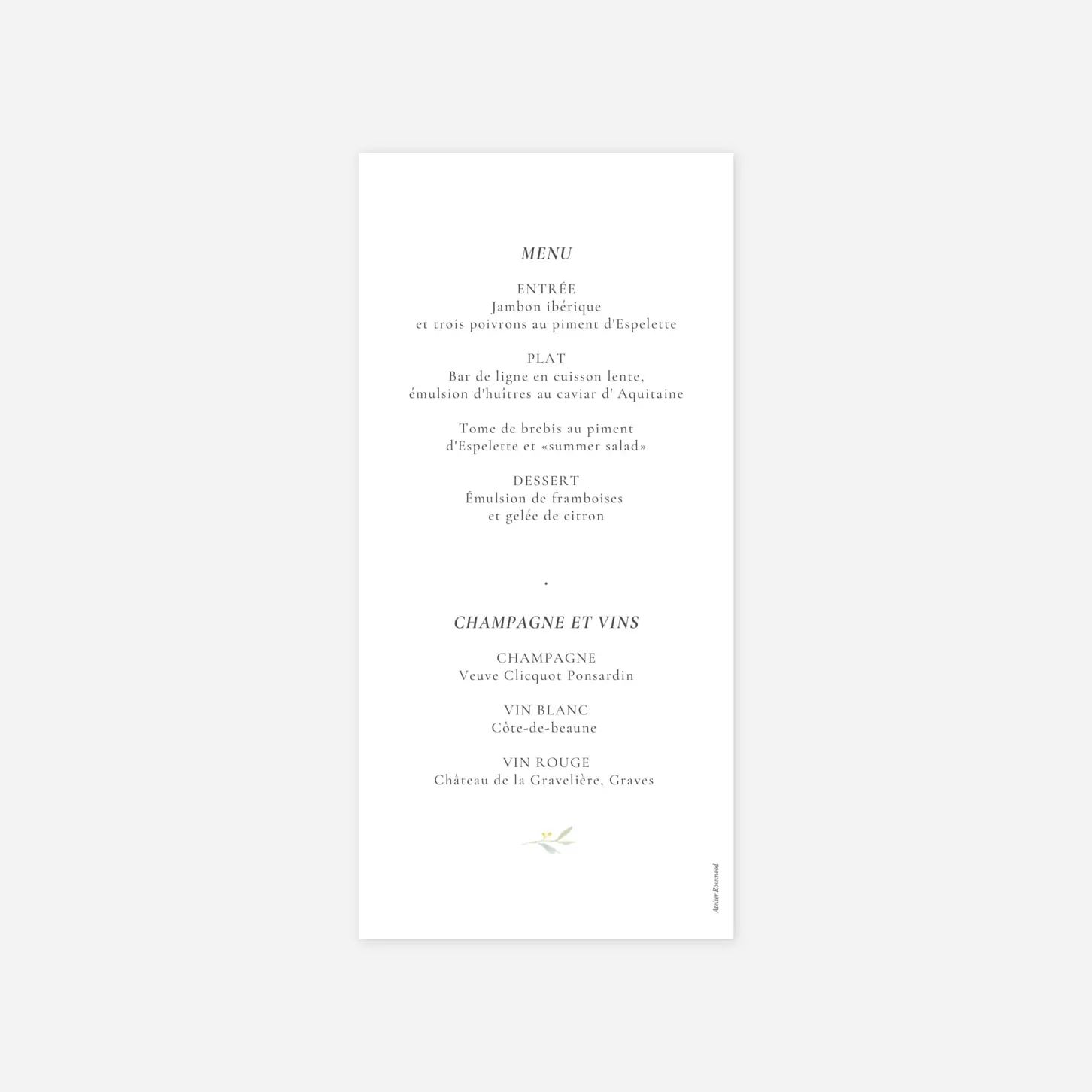 Menu mariage Bouquet champêtre