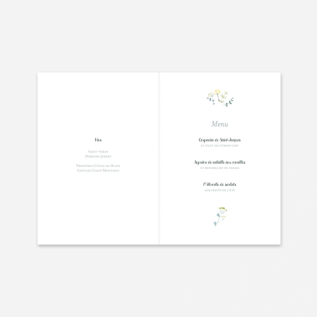 Menu baptême Bouquet sauvage