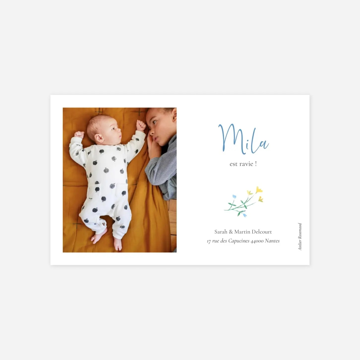 Carte remerciement naissance Cadre fleuri