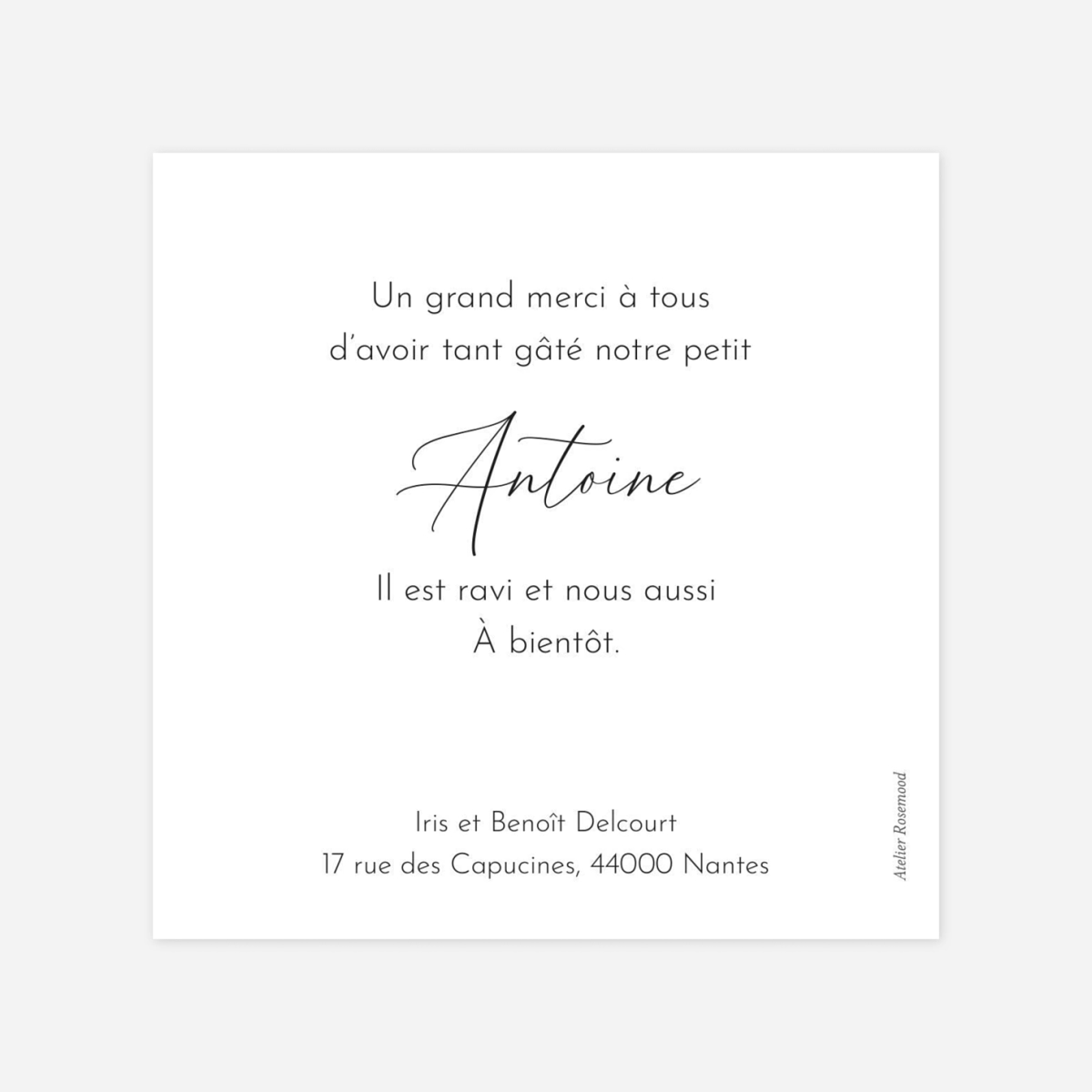 Carte remerciement naissance Calligraphie pictos