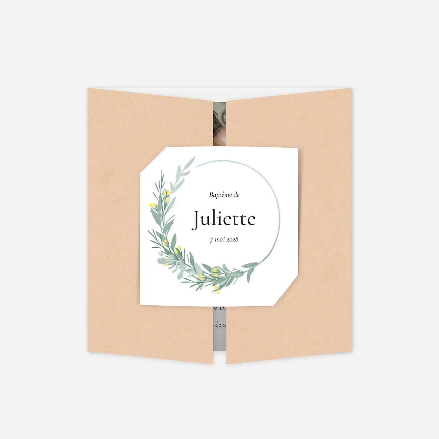 Faire-part baptême Couronne d'eucalyptus