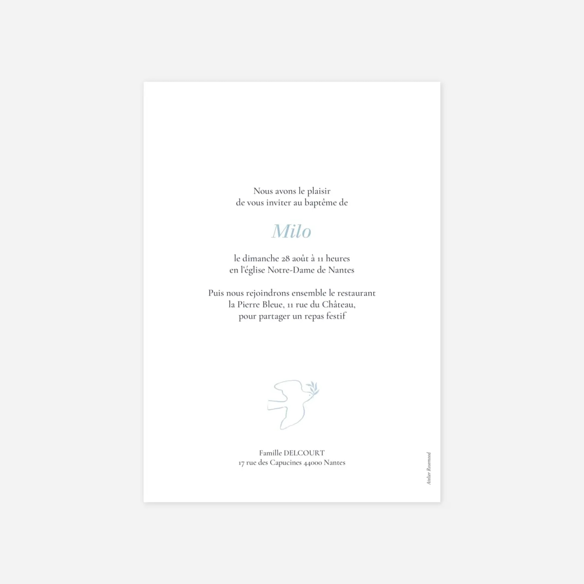 Faire-part baptême Colombe minimaliste