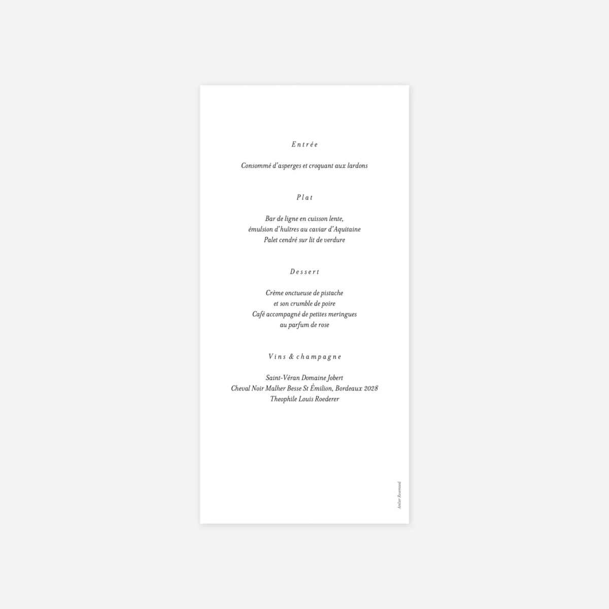 Menu mariage Cœur végétal