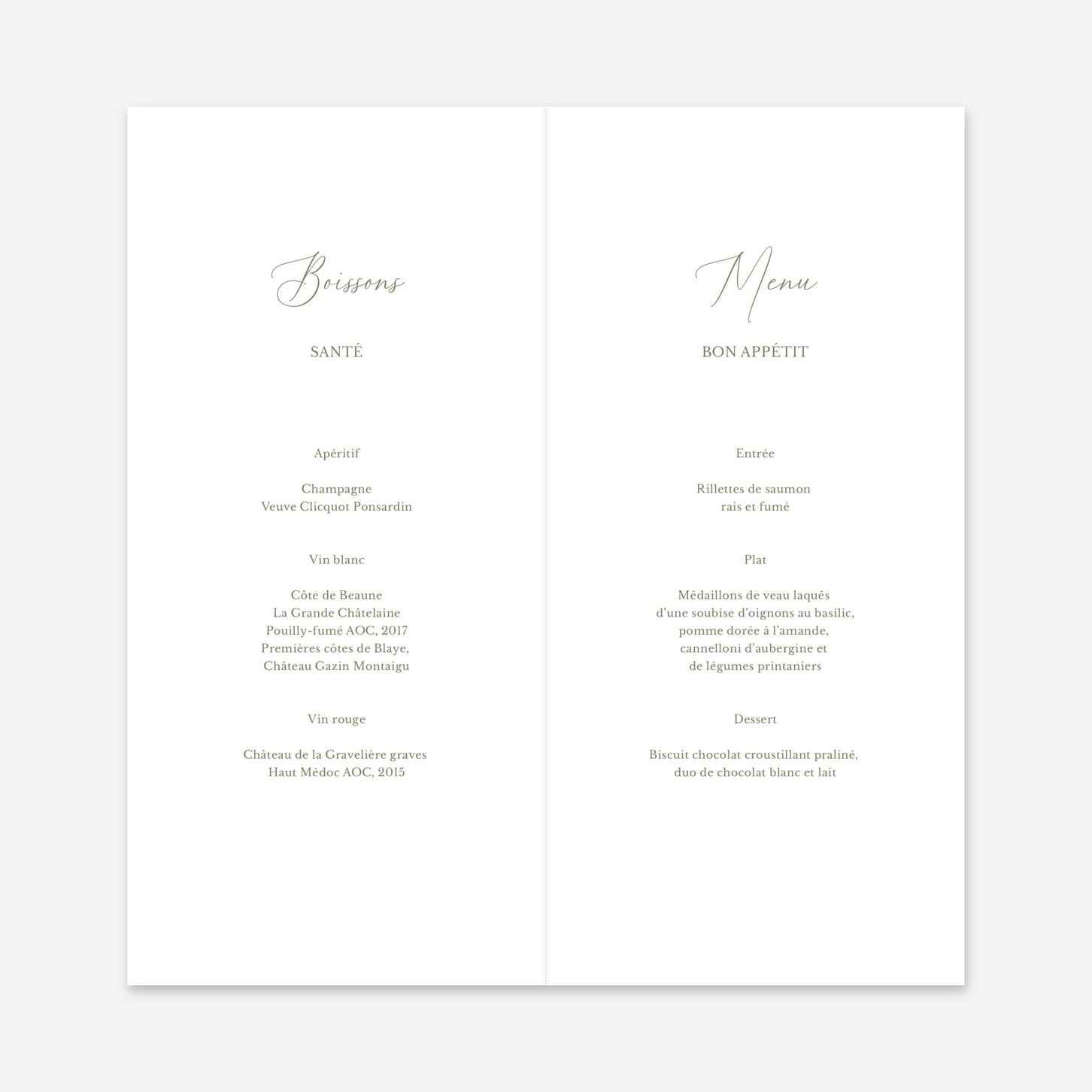 Menu mariage Douce Union