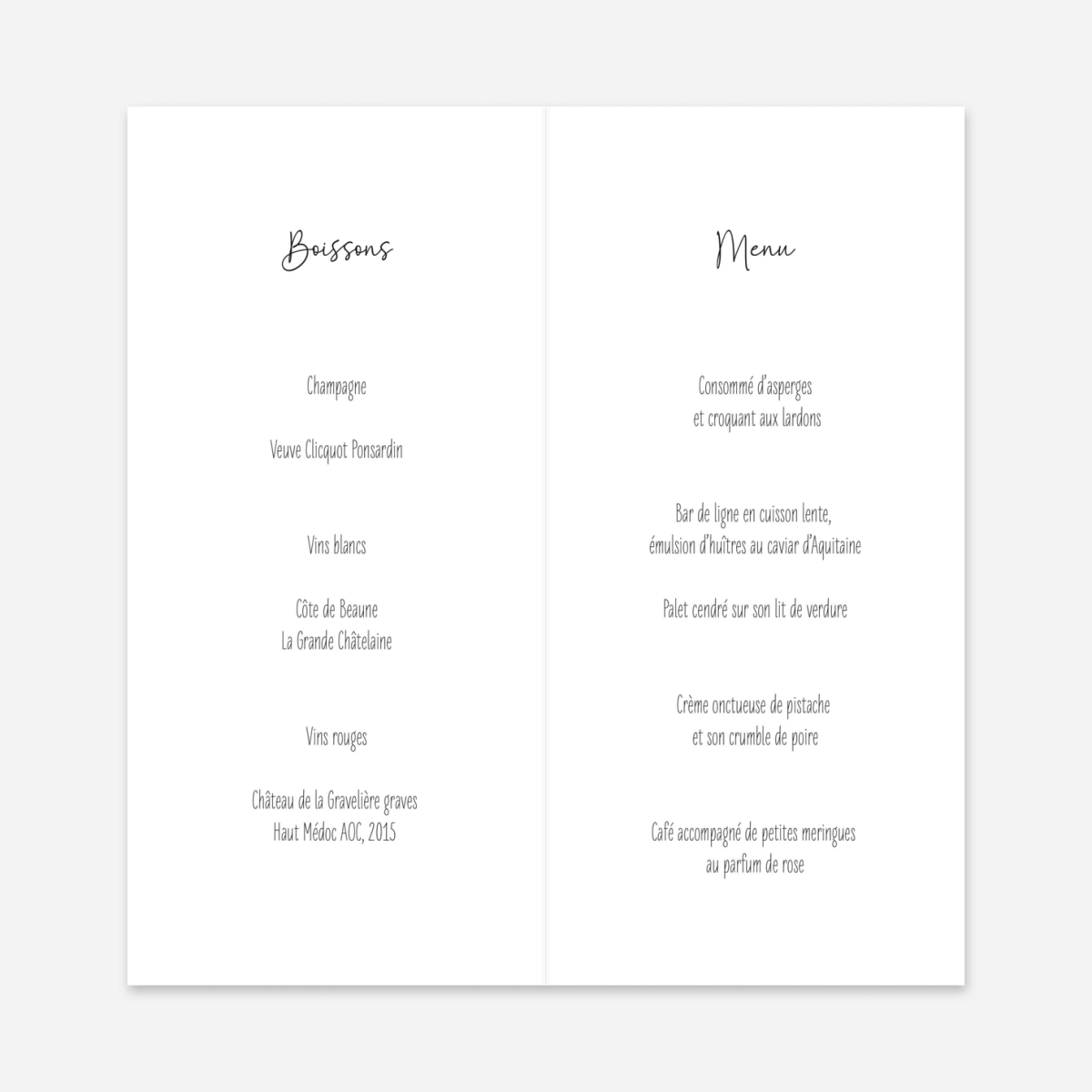 Menu mariage Douce promesse