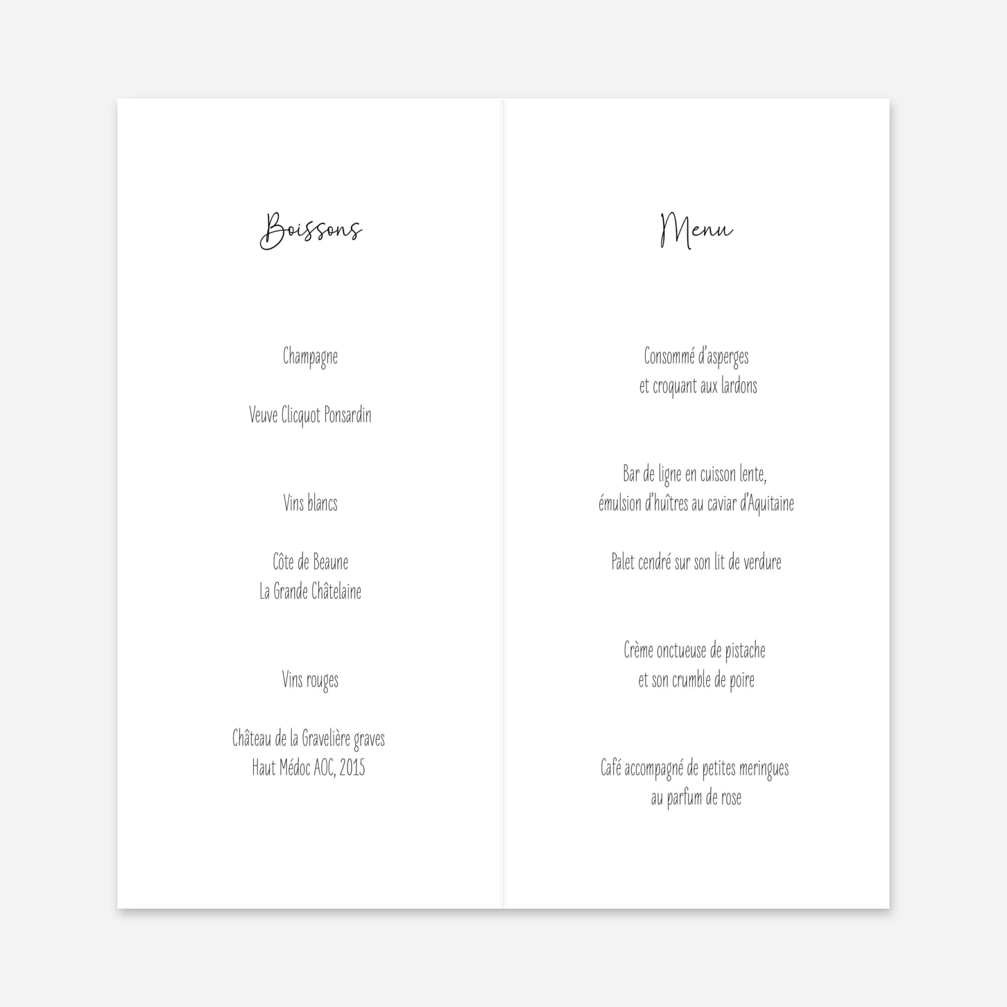 Menu mariage Douce promesse