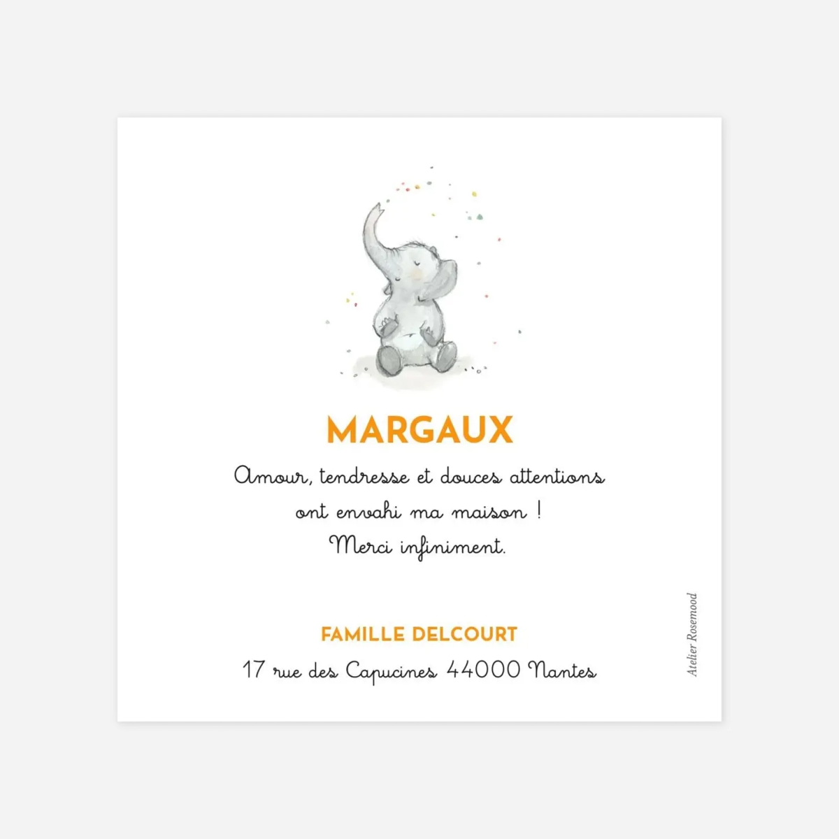 Carte remerciement naissance Éléphants en famille