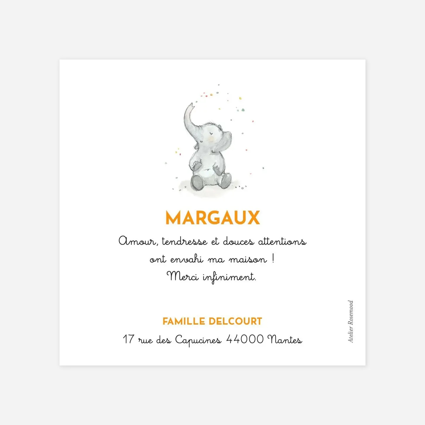 Carte remerciement naissance Éléphants en famille