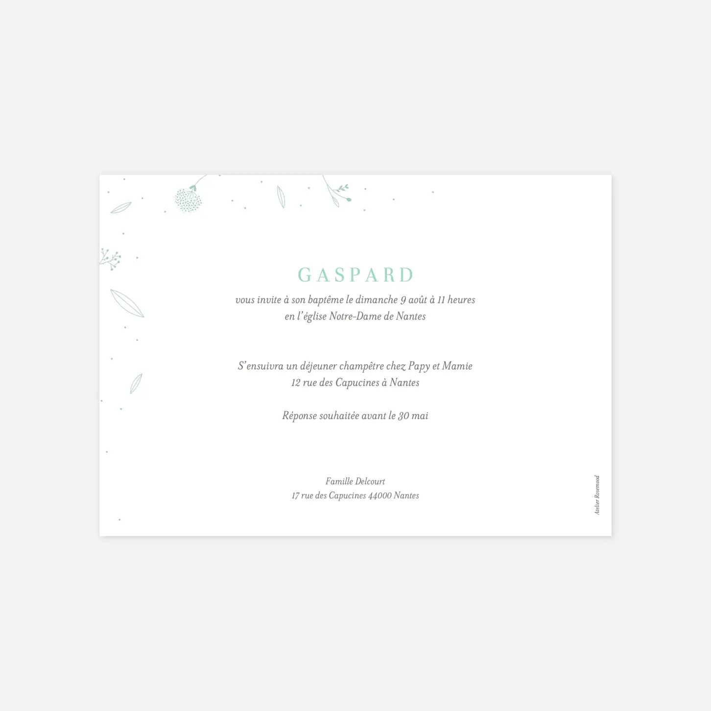 Faire-part baptême Élégant feuillage