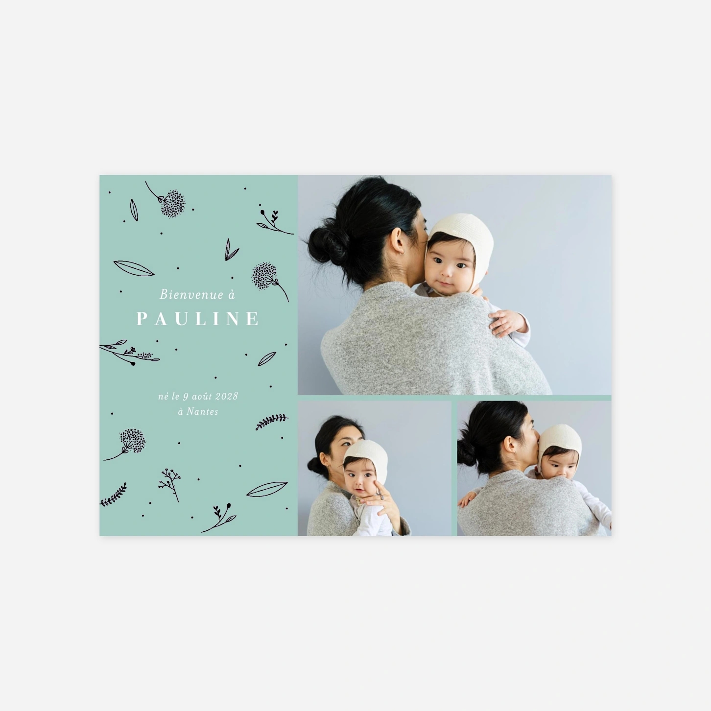 Faire-part naissance Élégant feuillage 3 photos