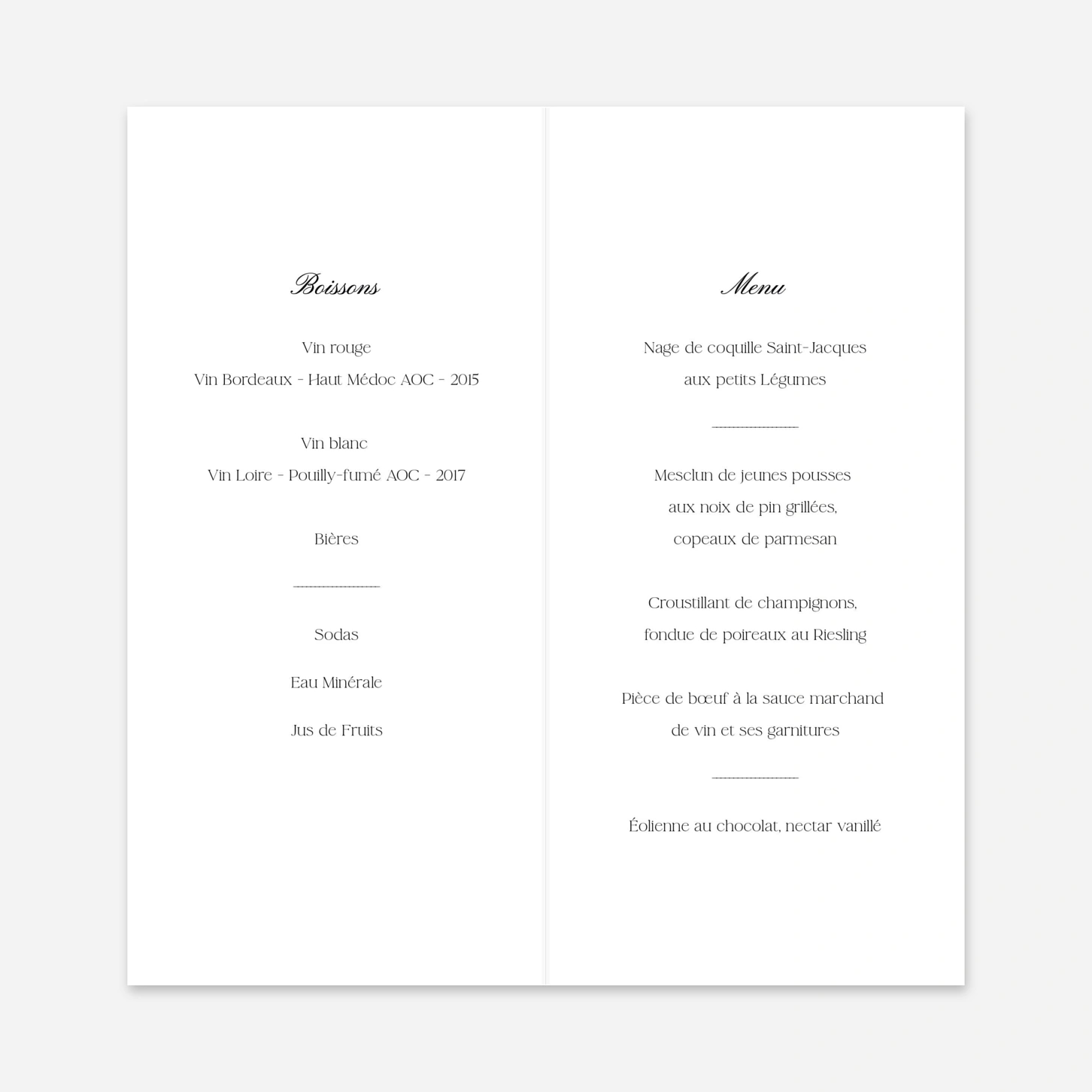 Menu mariage Fleur minimale
