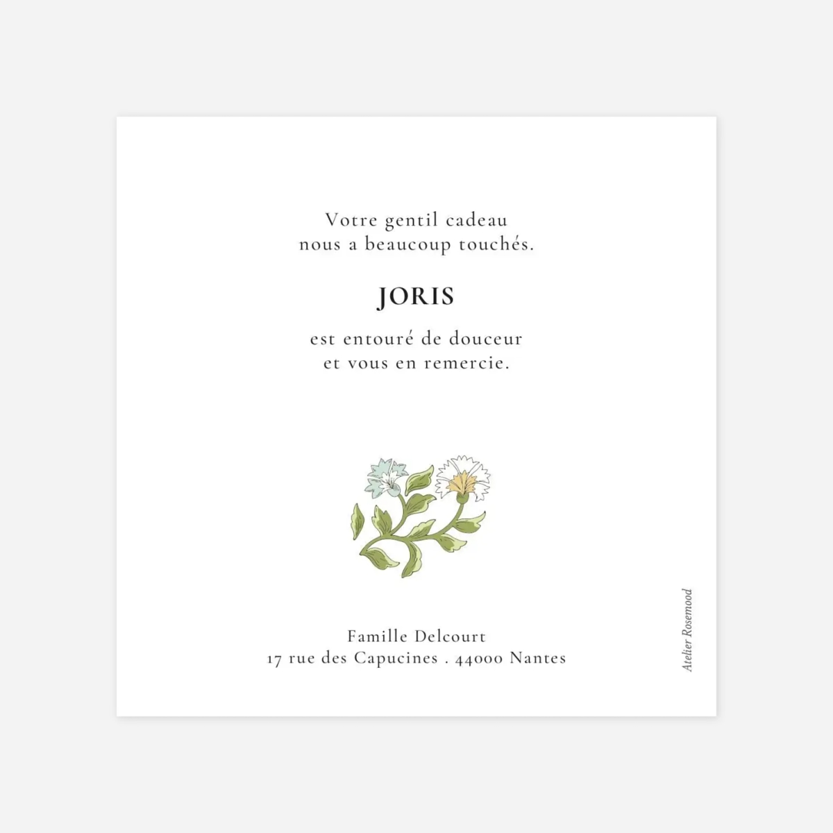 Carte remerciement naissance Floraison