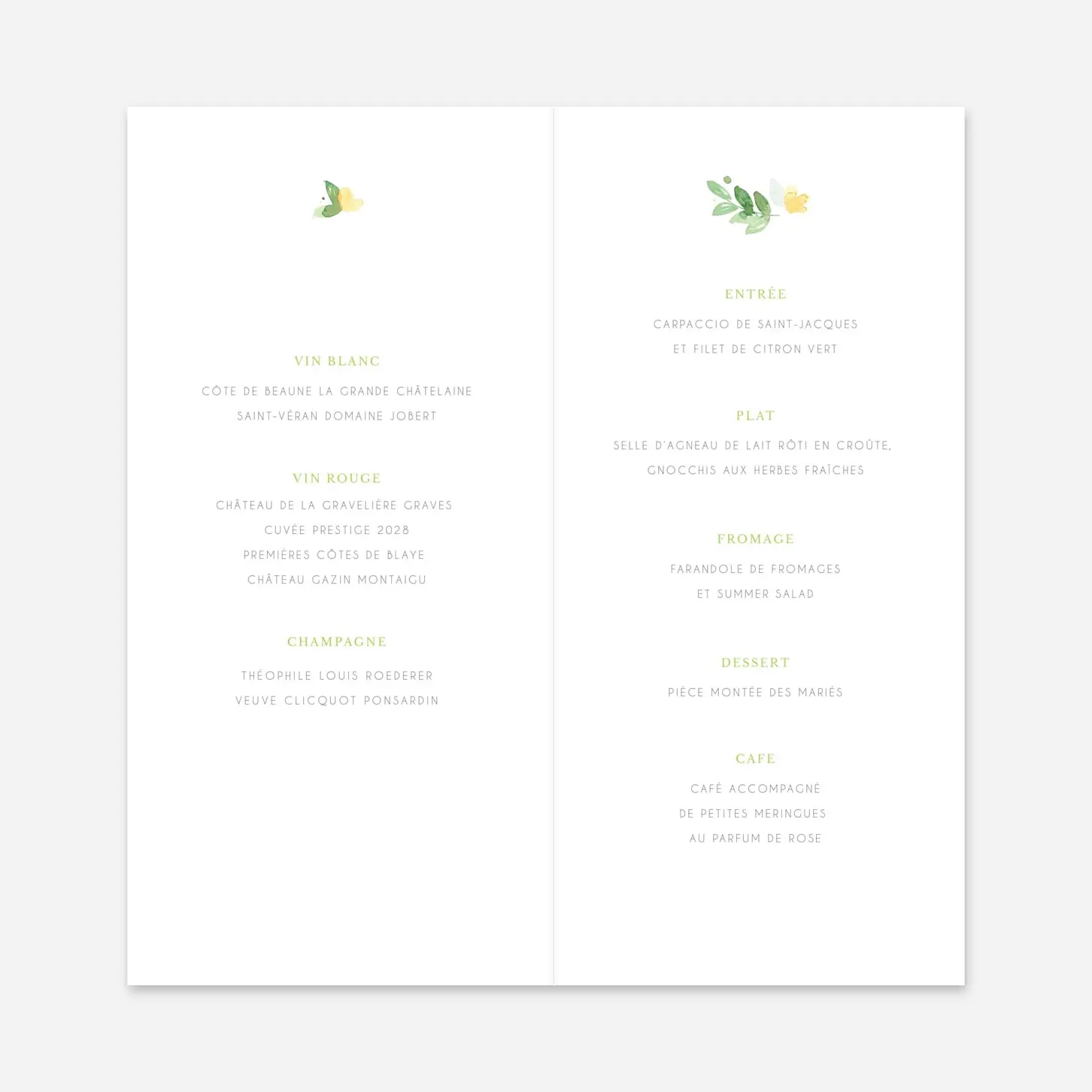 Menu mariage Jardin anglais