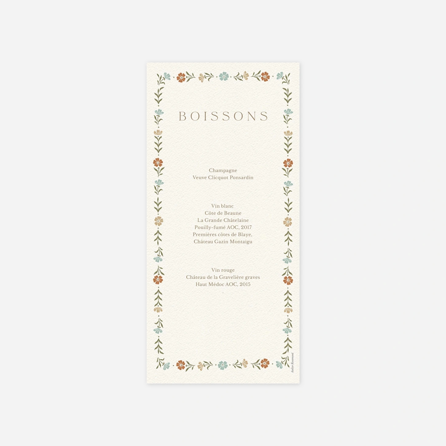 Menu mariage Jardin éternel