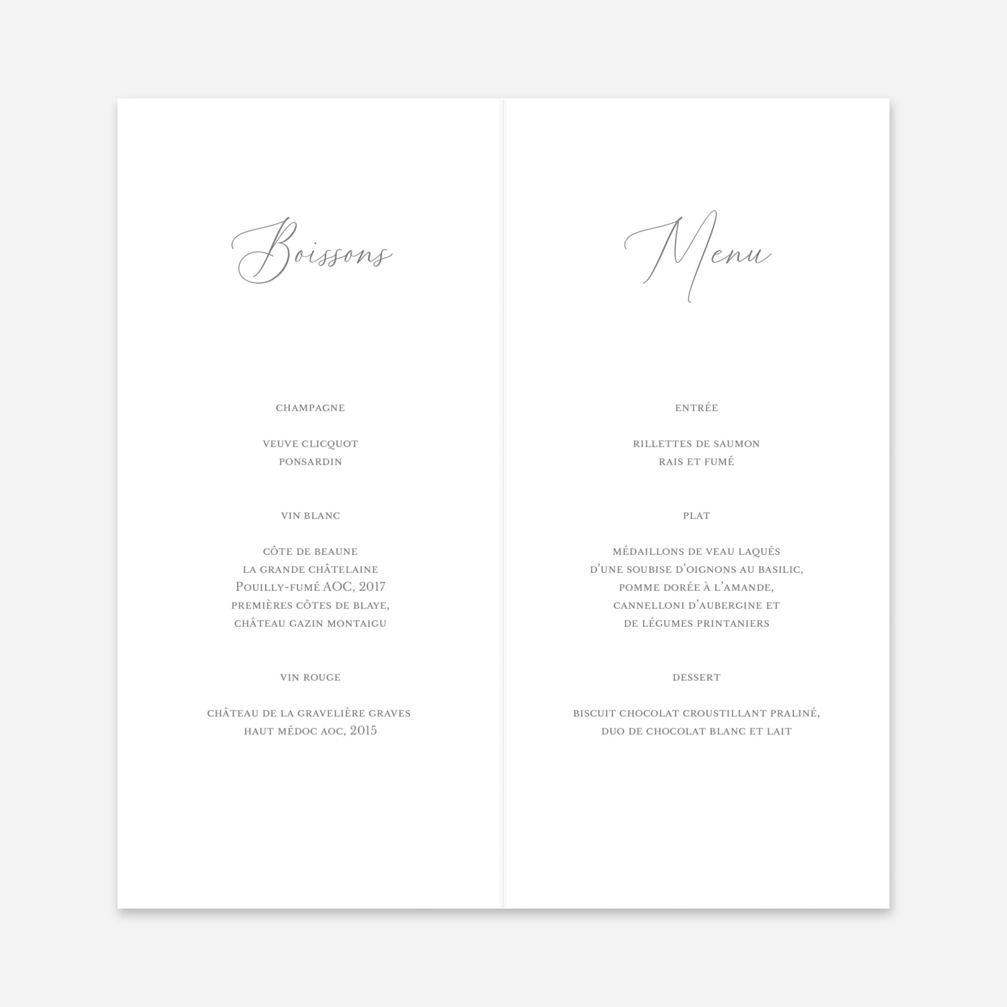 Menu mariage Jour Promis