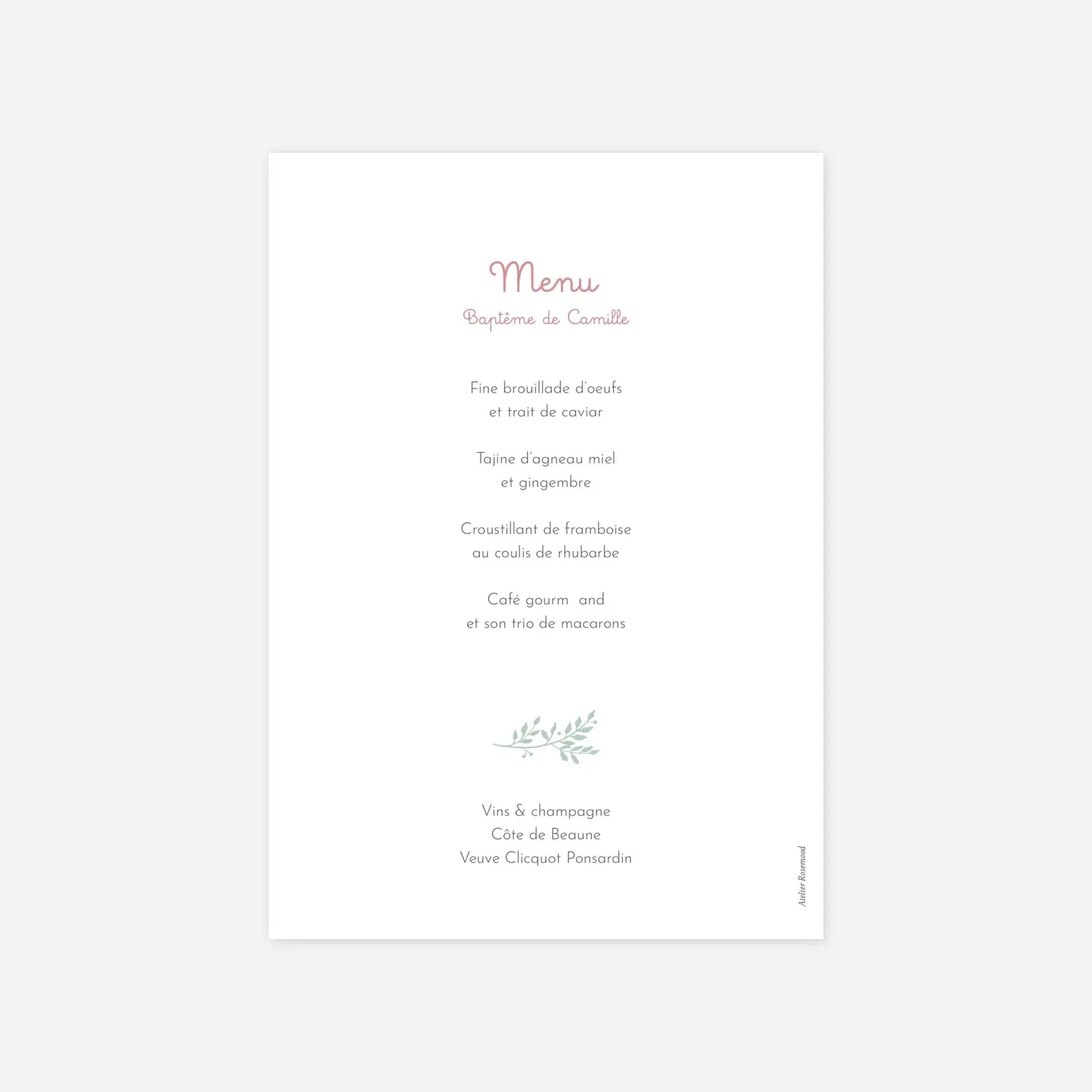 Menu baptême Liberty feuillage