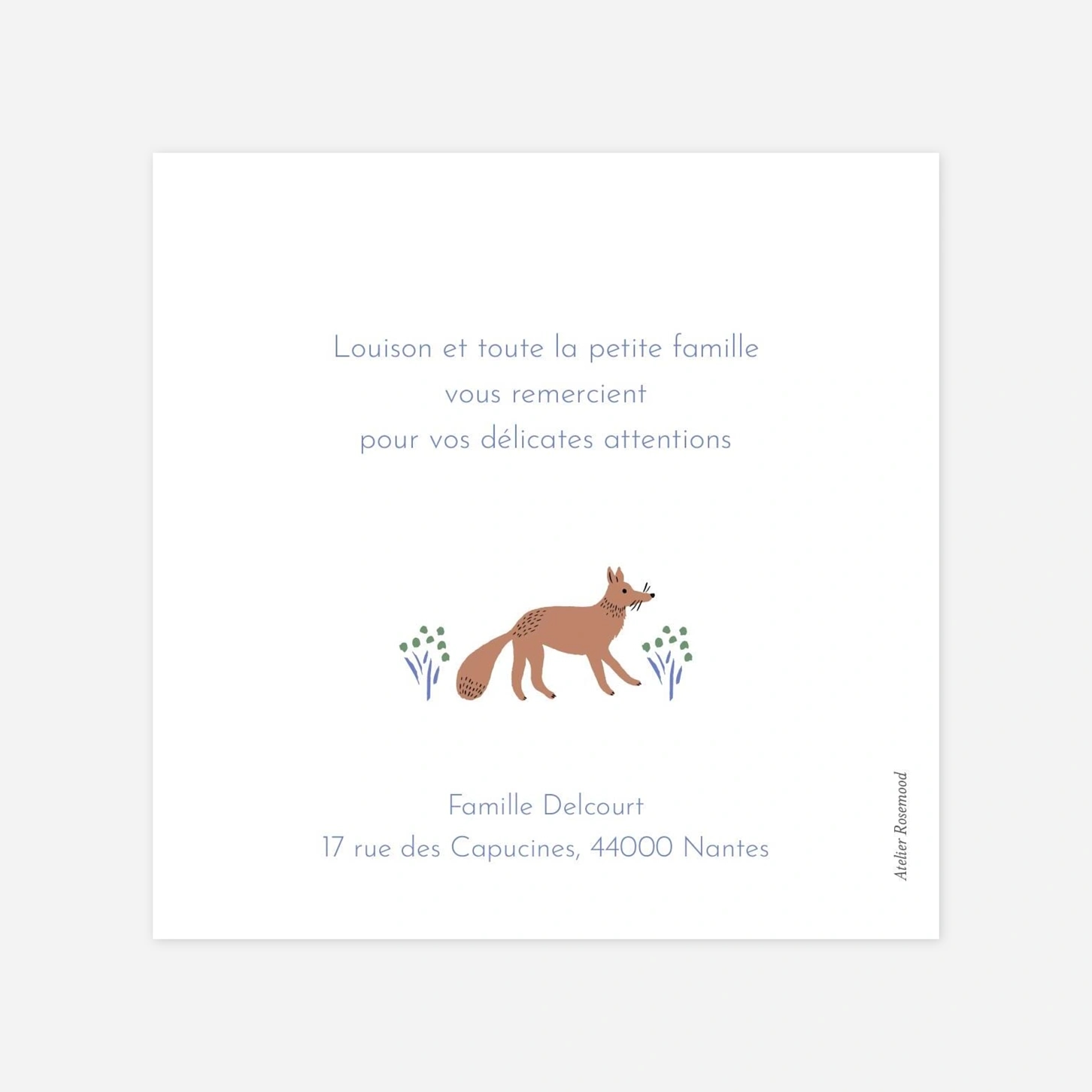 Carte remerciement naissance Liberty renard