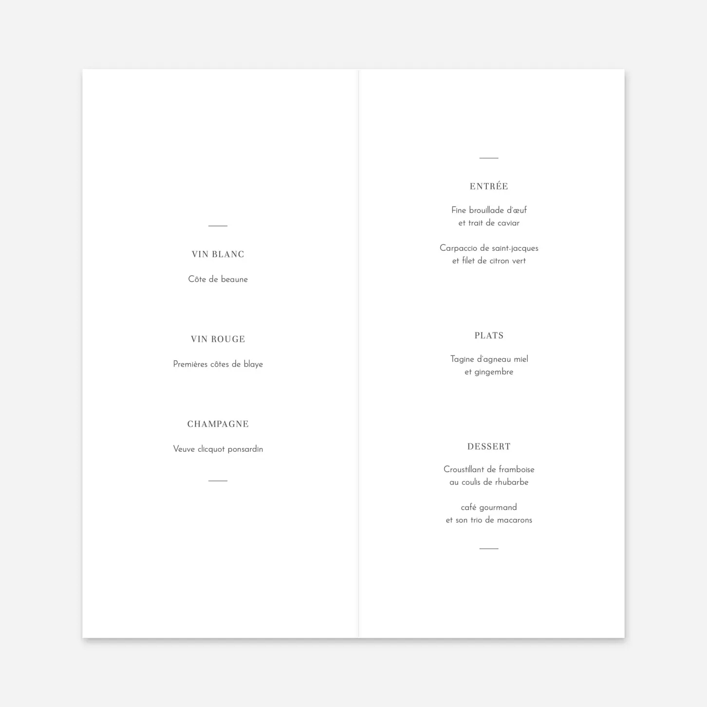 Menu mariage Oiseaux de paradis