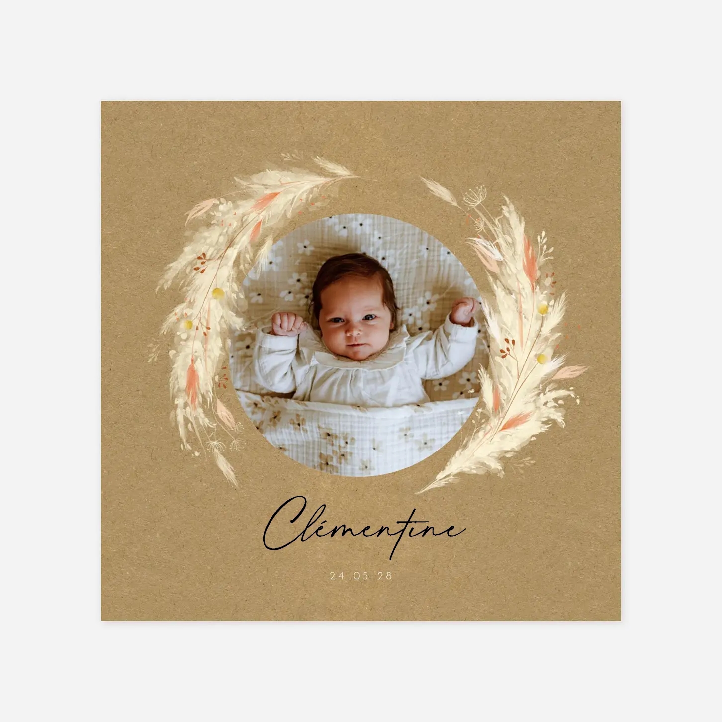 Faire-part naissance Pampas fleuries couronne