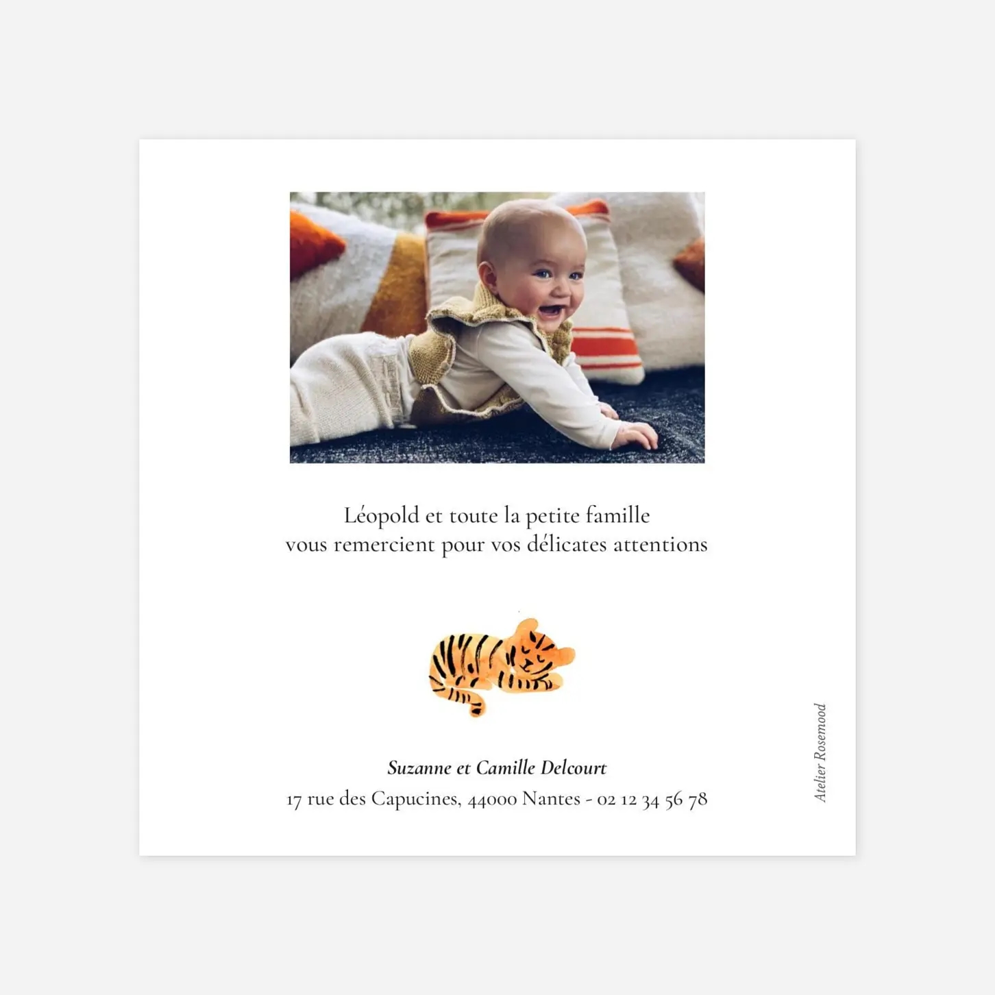 Carte remerciement naissance Petit tigre