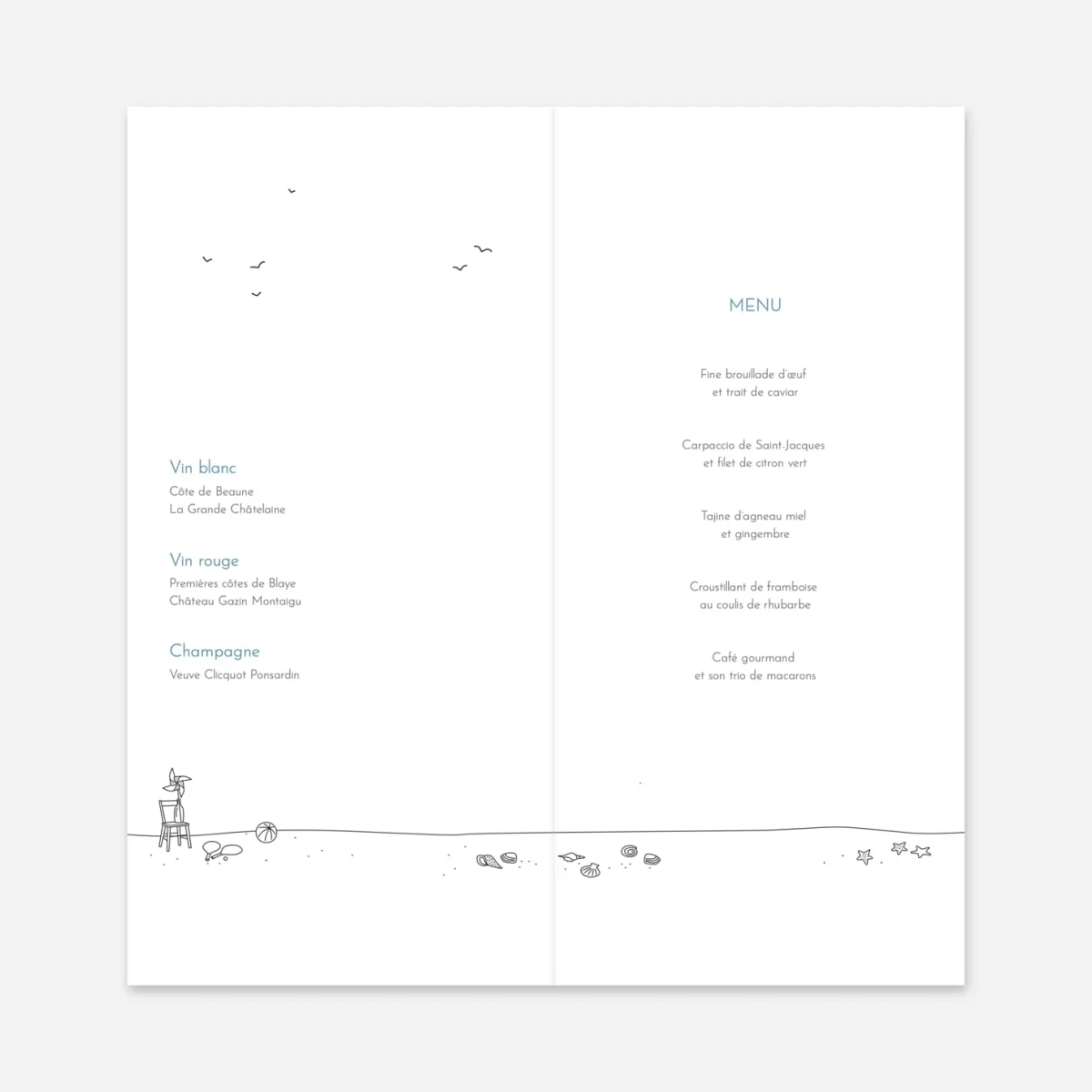 Menu mariage Promesse sur le sable