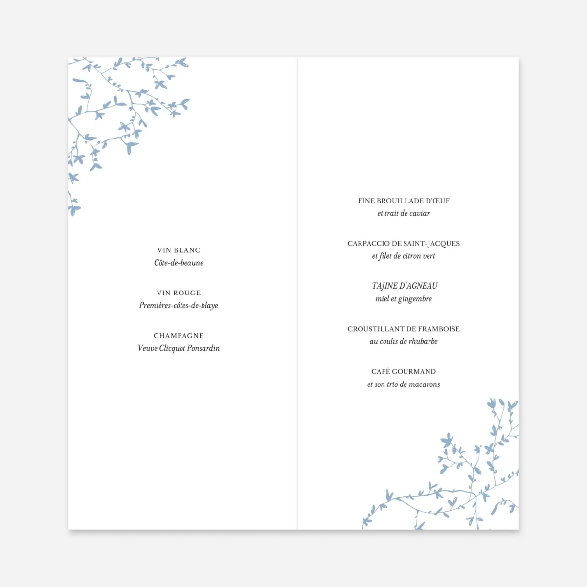 Menu mariage Reflets dans l'eau