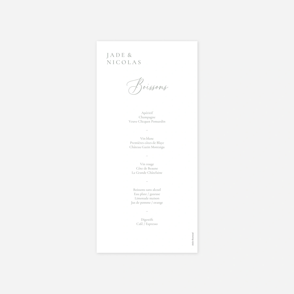 Menu mariage Union d’Amour
