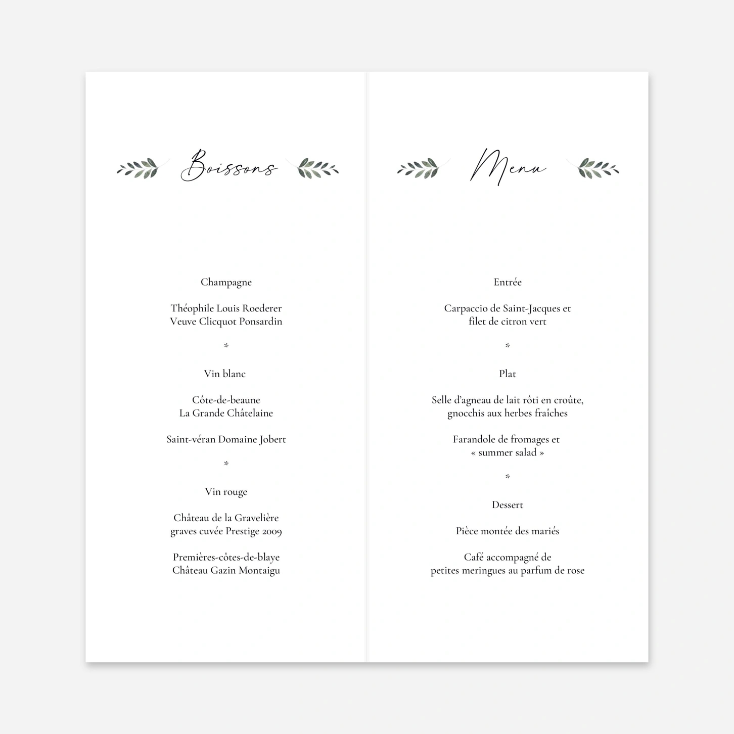 Menu mariage Union poétique