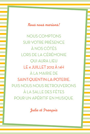 Carton d'invitation mariage Festivité vert - Recto