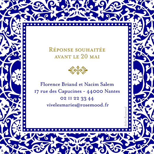 Carton réponse mariage Byzance bleu - Verso