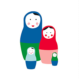 Faire-part de naissance 4 poupées russes photo bleu & rouge