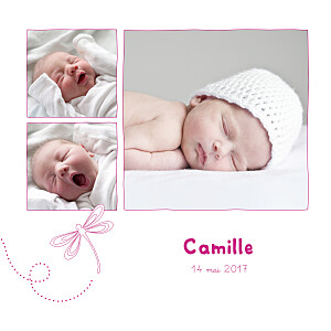 Faire-part de naissance Libellule 5 photos 4 pages rose