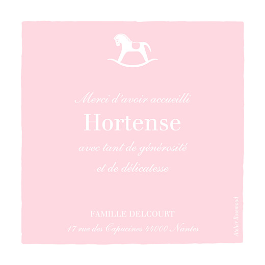 Carte de remerciement Merci petit cheval photo rose layette - Recto