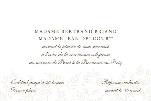 Carton d'invitation mariage Mille fougères beige - Verso