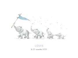Affichette 4 éléphants en famille bleu