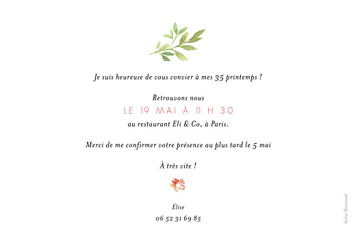 Carte d'invitation anniversaire adulte Fleurs aquarelle 2 photos crème - Verso