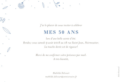 Carte d'invitation anniversaire adulte Élégant feuillage (dorure) bleu - Verso