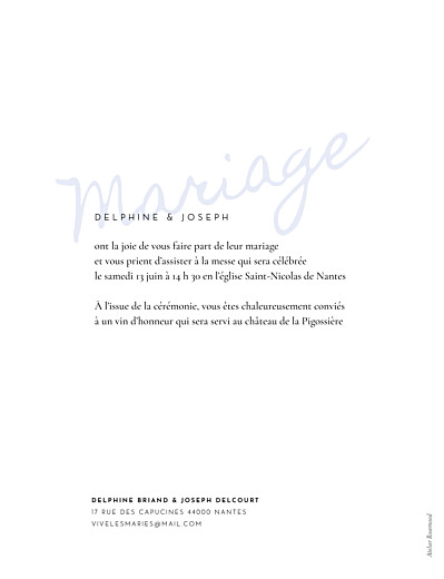 Faire-part de mariage Manuscrit (portrait) bleu - Verso