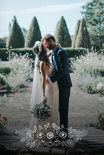 Carte de remerciement mariage Esquisse fleurie portrait blanc - Recto