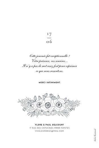Carte de remerciement mariage Esquisse fleurie portrait blanc - Verso