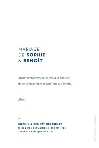 Carte de remerciement mariage Laure de Sagazan bleu marine - Verso