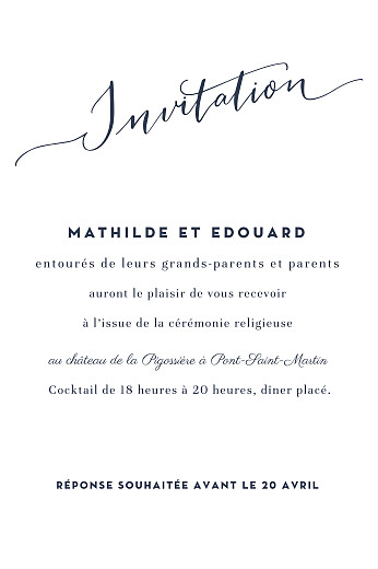 Carton d'invitation mariage Swing (portrait) blanc - Recto
