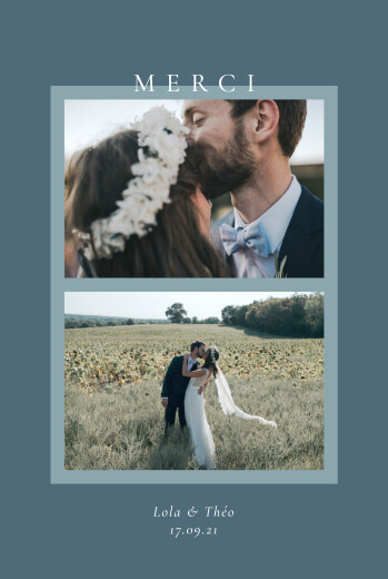 Carte de remerciement mariage Cadre pastel 2 photos bleu - Recto