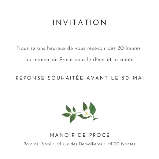 Carton d'invitation mariage Lettres fleuries blanc - Verso