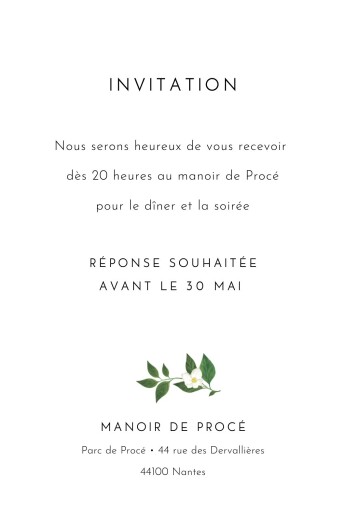 Carton d'invitation mariage Lettres fleuries (portrait) blanc - Verso