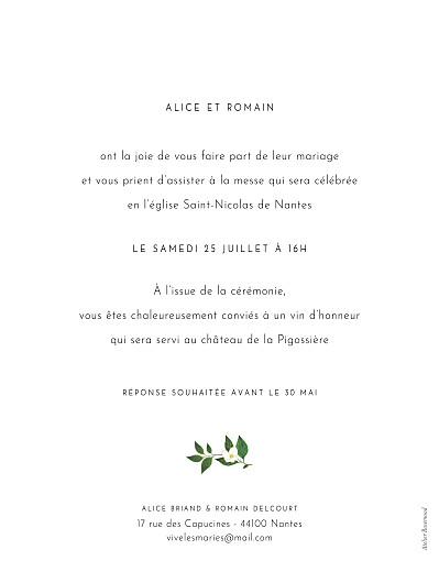 Faire-part de mariage Lettres fleuries (portrait) blanc - Verso